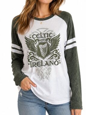 Traditional Craftwear Celtic Ireland Graphic Raglan Shirt Green White Small NWOT